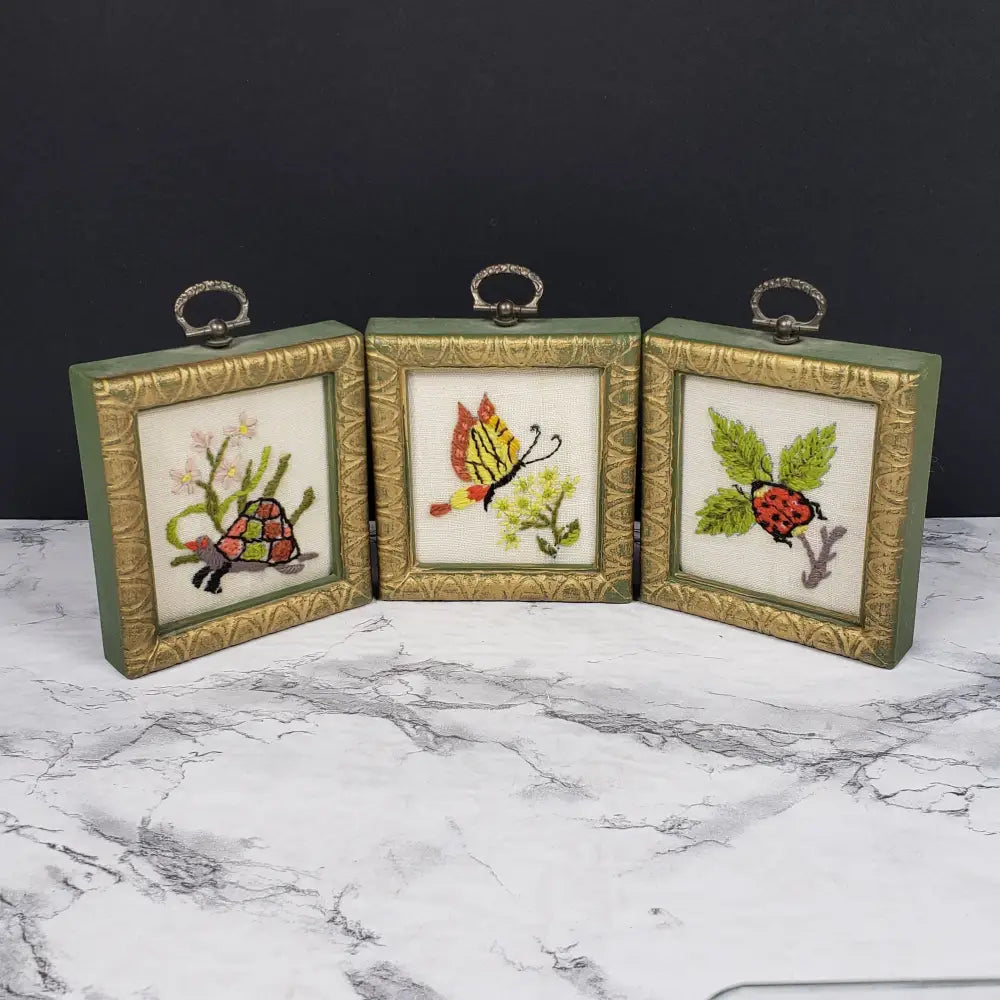 Handmade Framed Small Needlepoints Three Vintage Decor