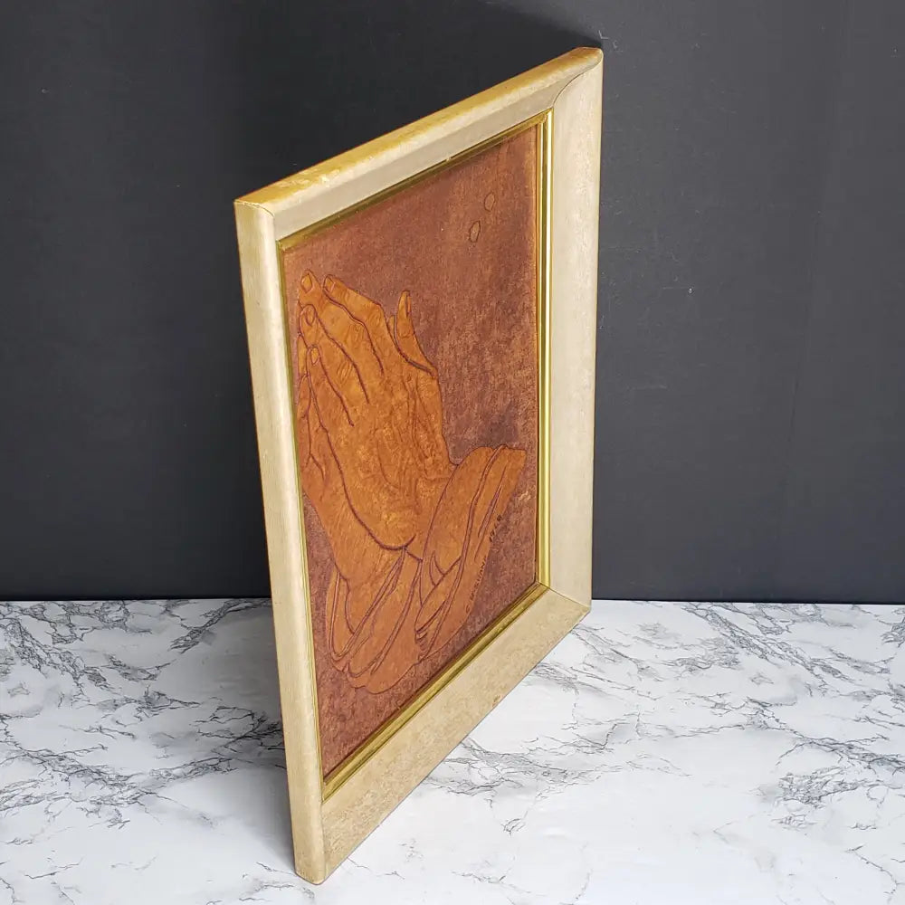 Handmade Leather Praying Hands Framed (Vintage) Decor
