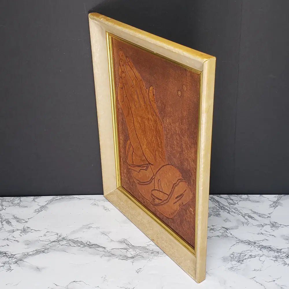 Handmade Leather Praying Hands Framed (Vintage) Decor