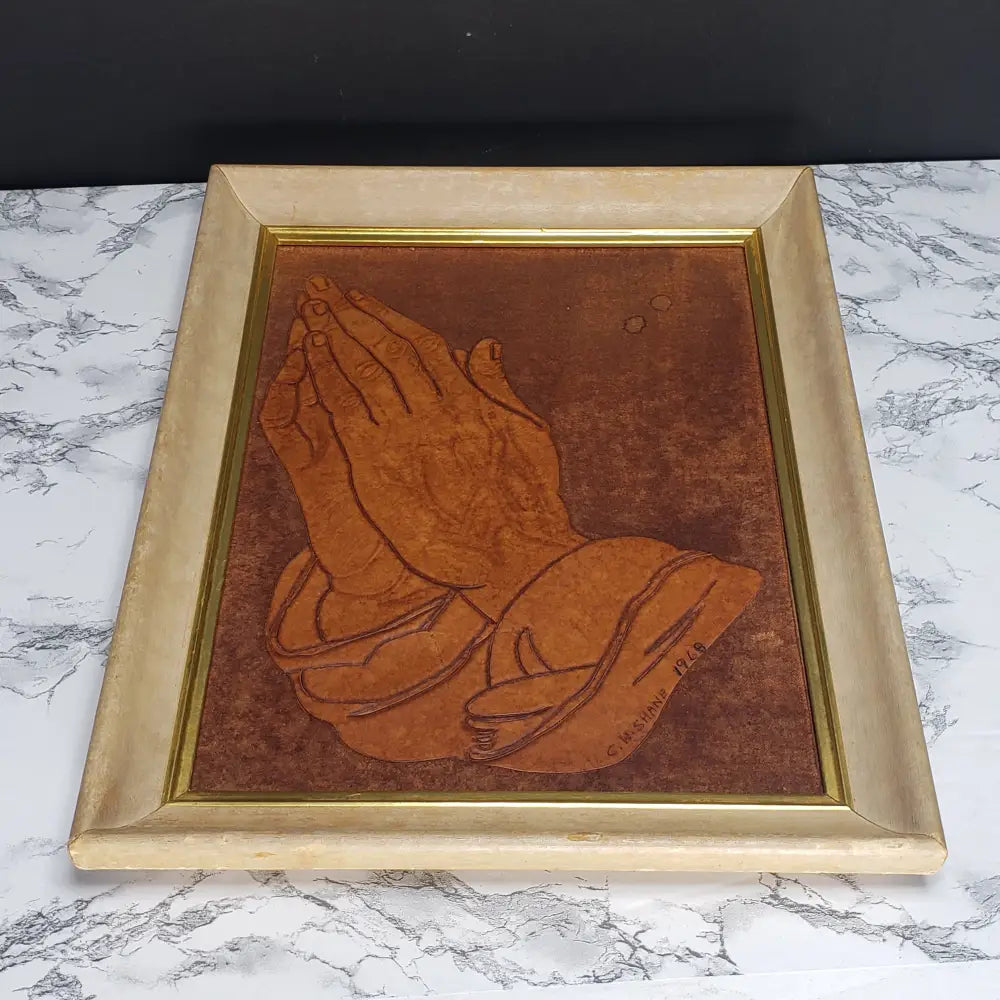 Handmade Leather Praying Hands Framed (Vintage) Decor