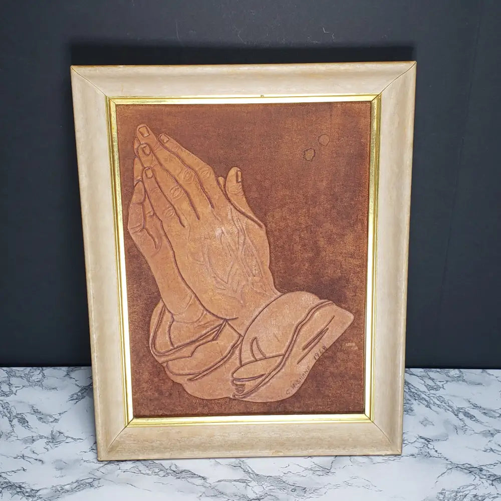 Handmade Leather Praying Hands Framed (Vintage) Decor