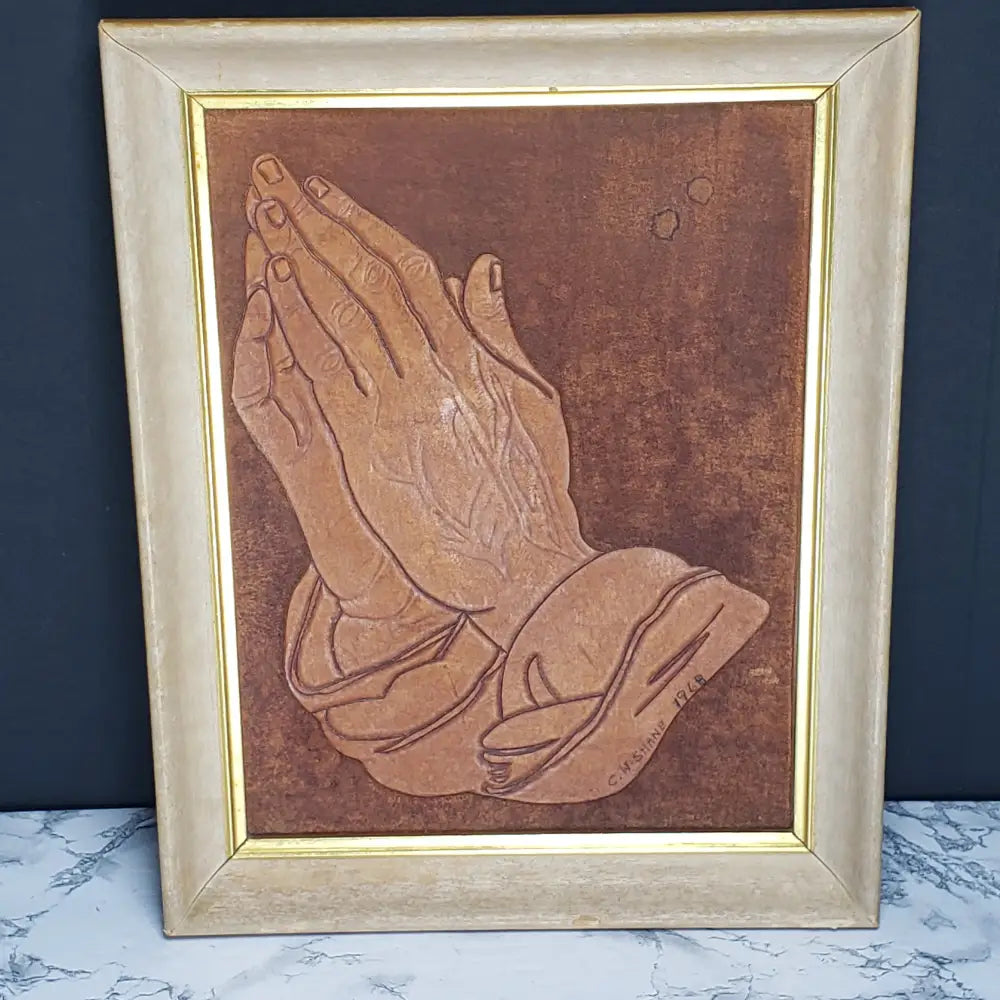 Handmade Leather Praying Hands Framed (Vintage) Decor