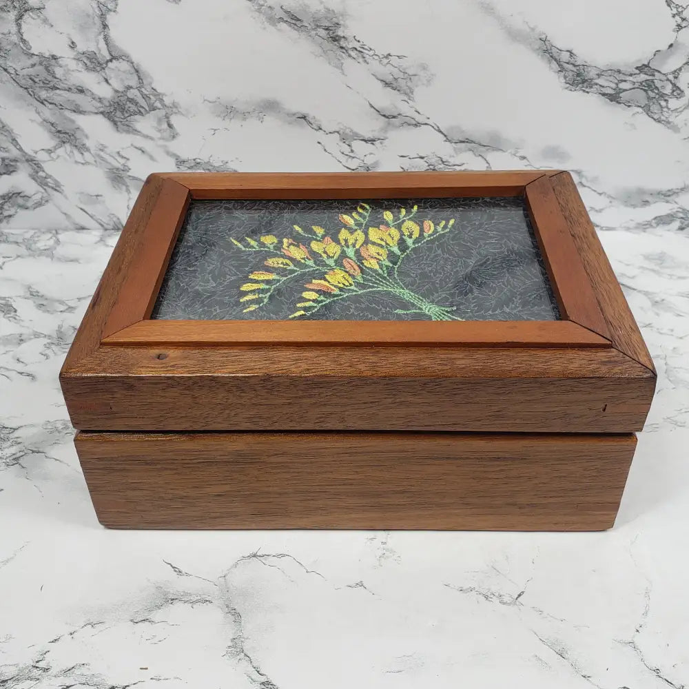 Handmade Wood Box Embroidery Lid Vintage Decor