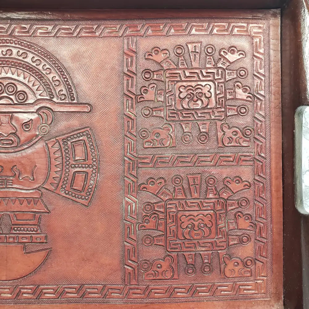 Handmade Wood Embossed Leather Mayan Serving Tray Vintage Kitchen & Dining