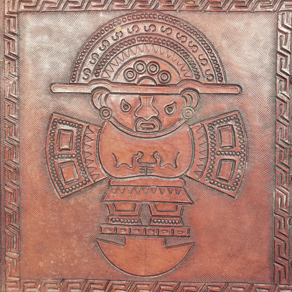 Handmade Wood Embossed Leather Mayan Serving Tray Vintage Kitchen & Dining