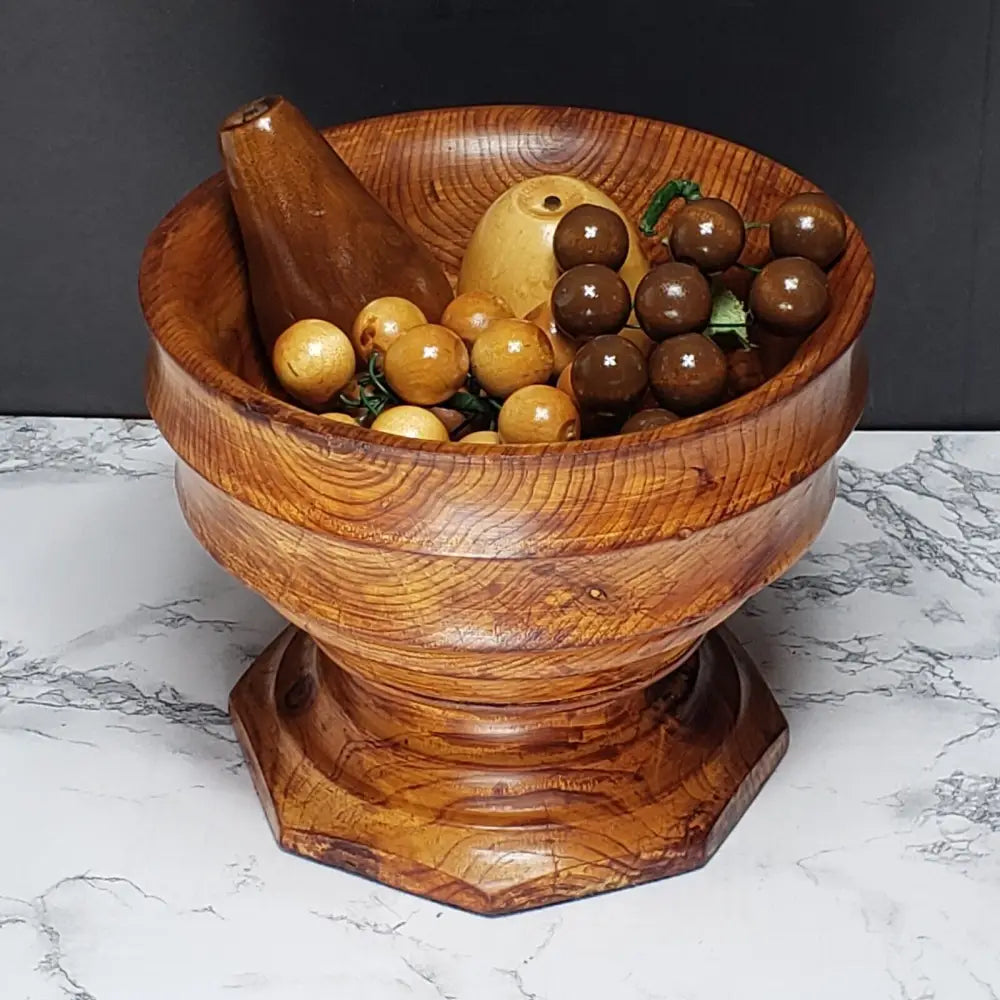Handmade Wood Pedestal Bowl With Fruit Vintage Decor