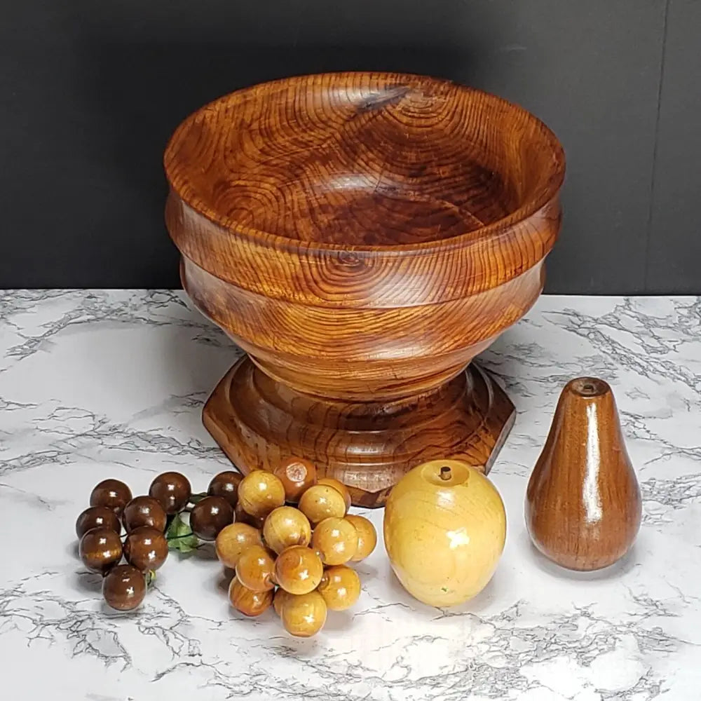 Handmade Wood Pedestal Bowl With Fruit Vintage Decor