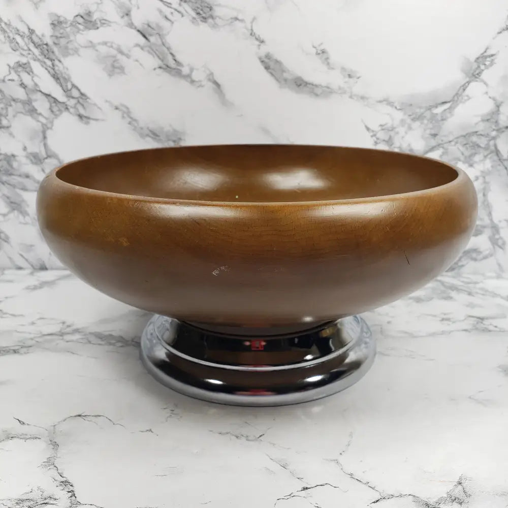 Hellerware Wood Bowl Chrome Pedestal Vintage Decor