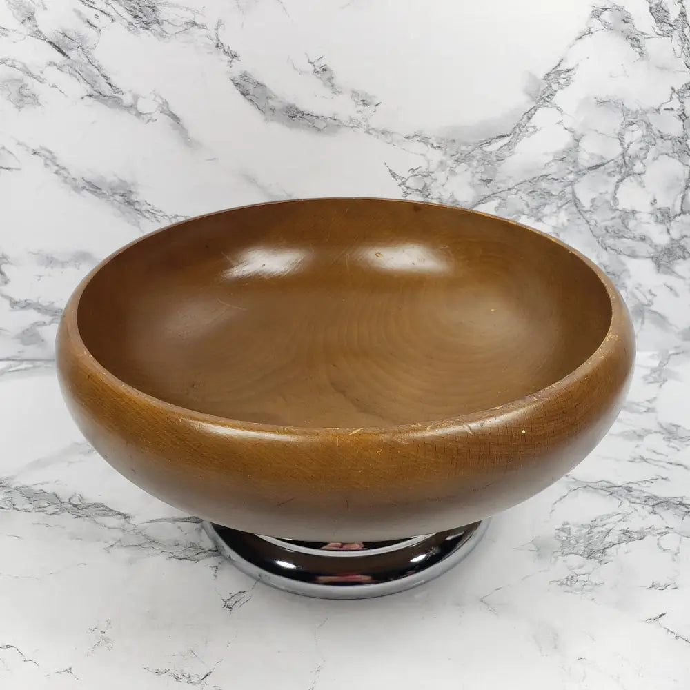Hellerware Wood Bowl Chrome Pedestal Vintage Decor