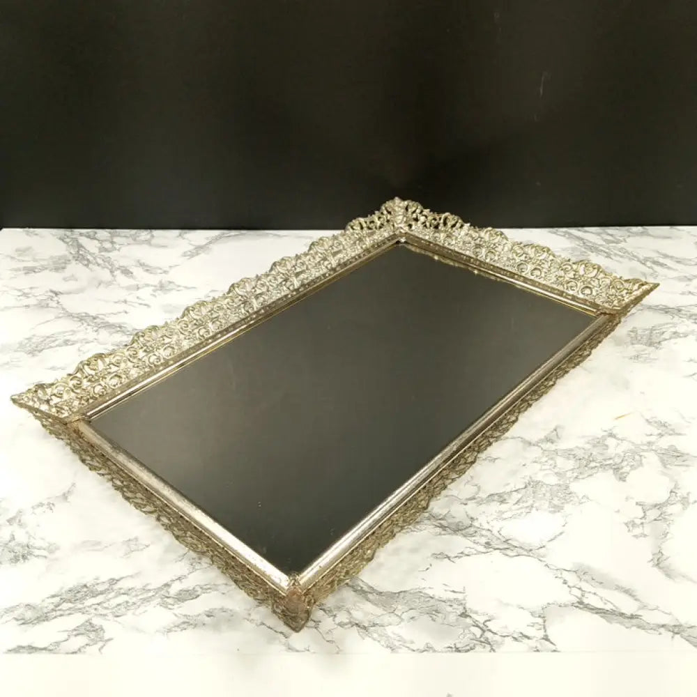 Hollywood Regency Filigree Mirrored Vanity Tray Mid Century Decor