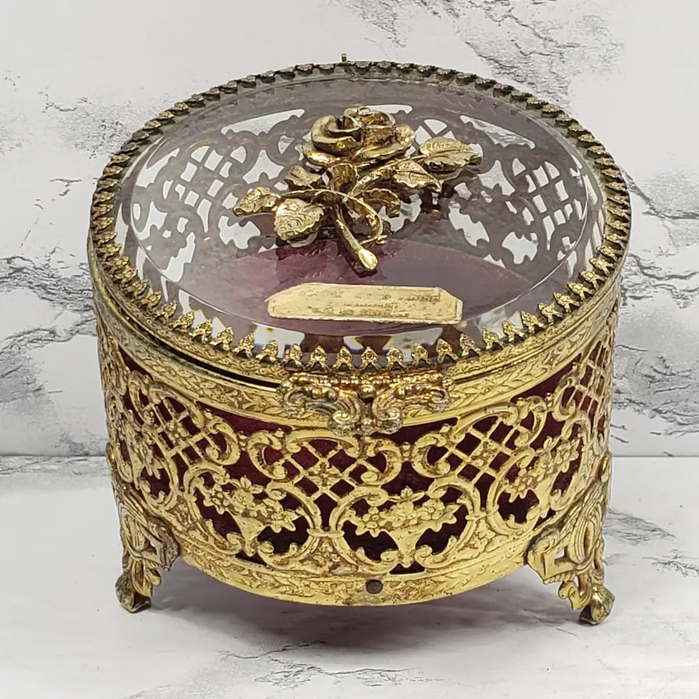 Hollywood Regency Filigree Rose Jewelry Vanity Box Vintage Decor