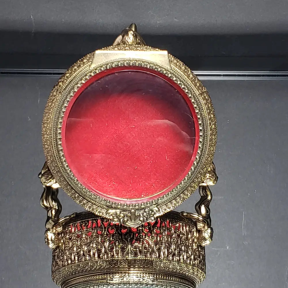Hollywood Regency Ormolu Filigree Cherub Glass Lidded Vanity Trinket Box (Vintage) Decor