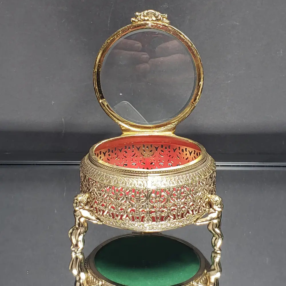 Hollywood Regency Ormolu Filigree Cherub Glass Lidded Vanity Trinket Box (Vintage) Decor