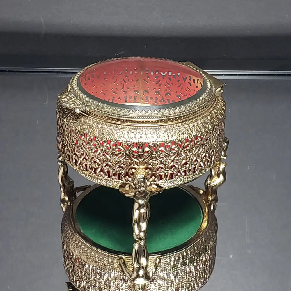 Hollywood Regency Ormolu Filigree Cherub Glass Lidded Vanity Trinket Box (Vintage) Decor