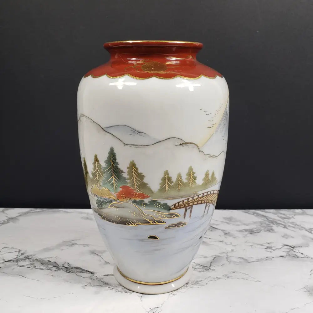 Occupied Japan Kutani Hand Painted Porcelain Vase Mt Fuji Village Dragon