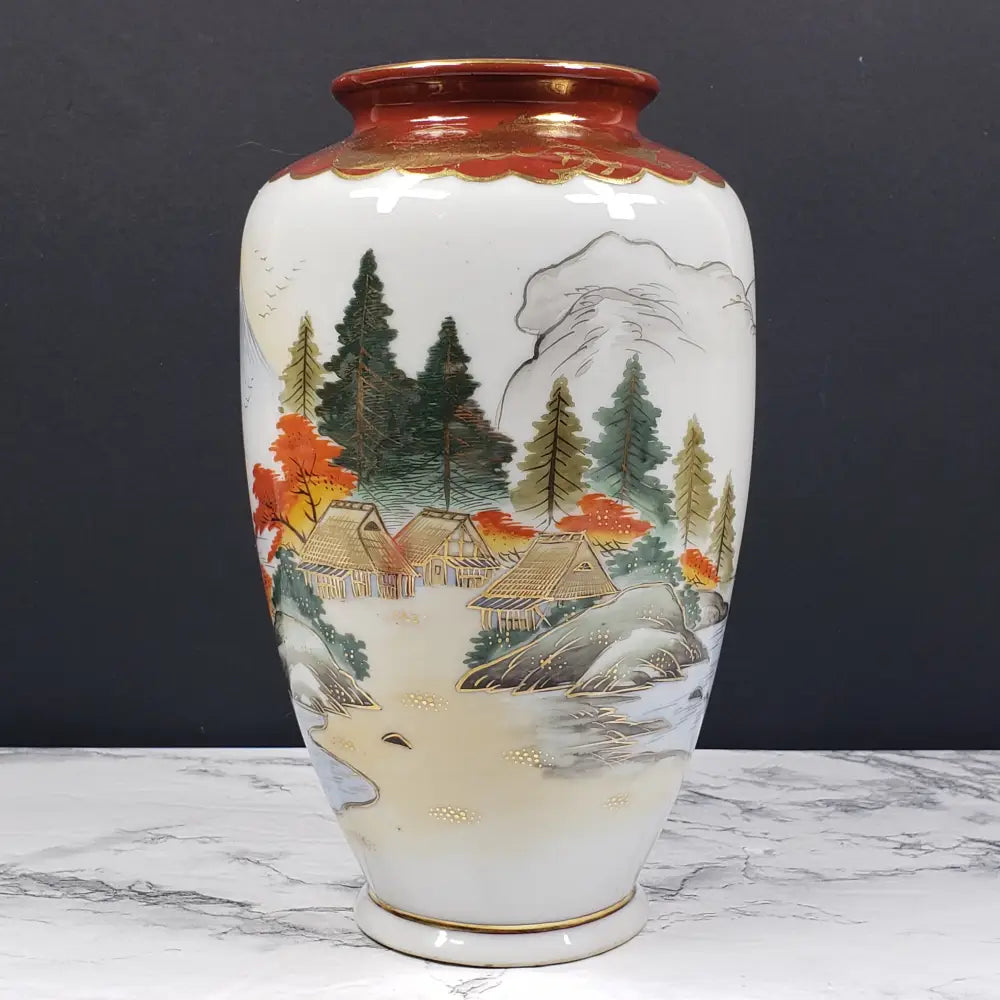 Occupied Japan Kutani Hand Painted Porcelain Vase Mt Fuji Village Dragon