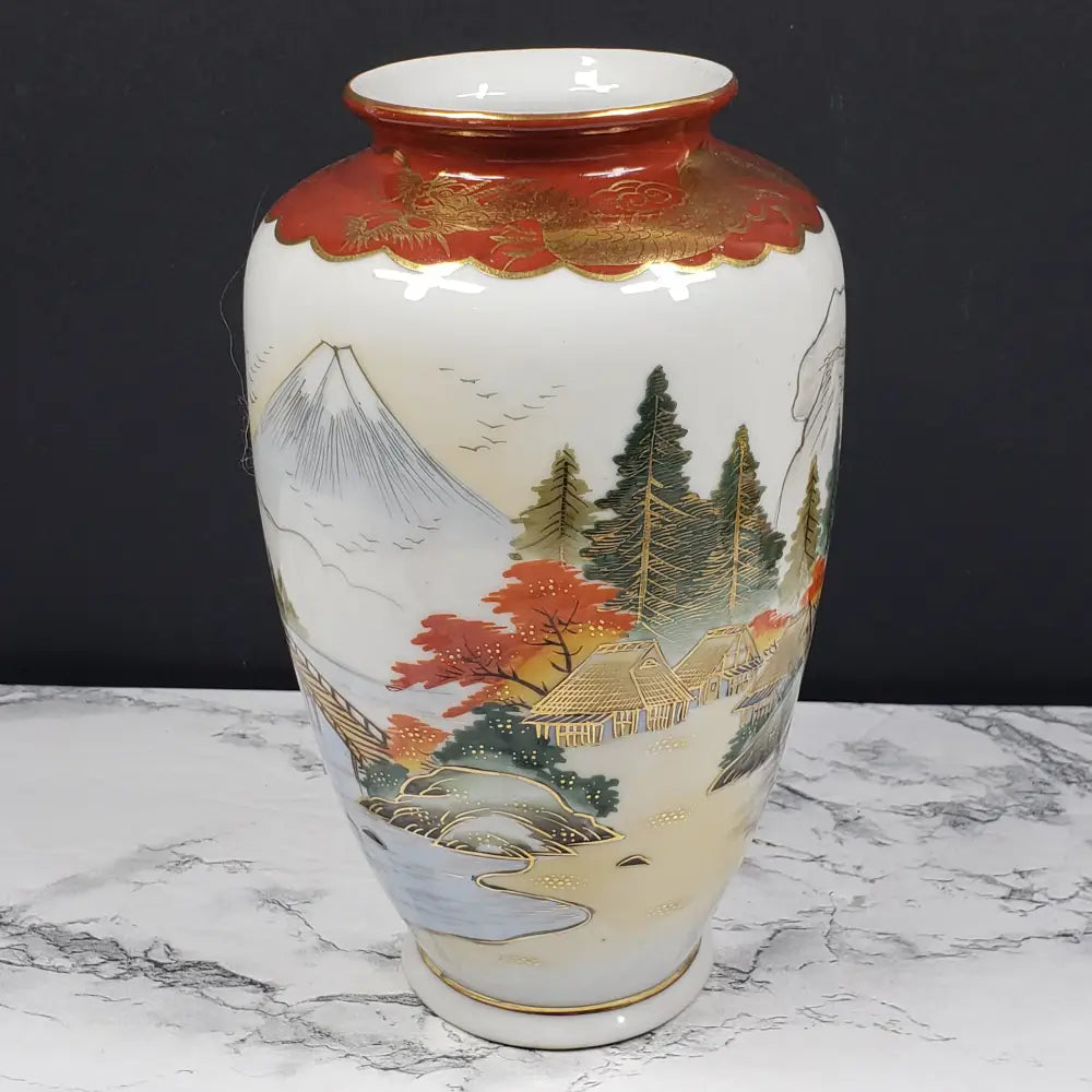 Occupied Japan Kutani Hand Painted Porcelain Vase Mt Fuji Village Dragon