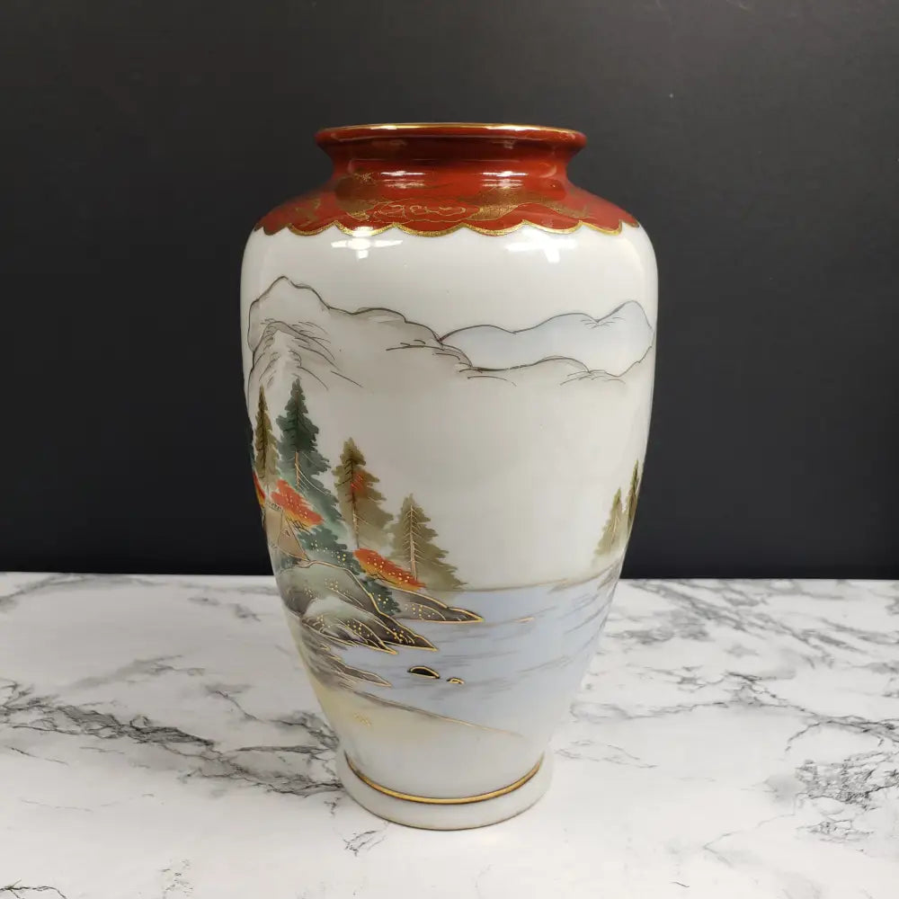 Occupied Japan Kutani Hand Painted Porcelain Vase Mt Fuji Village Dragon