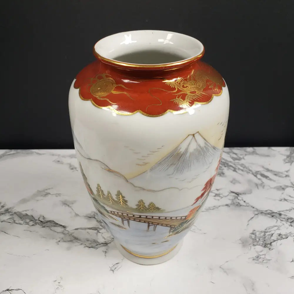 Occupied Japan Kutani Hand Painted Porcelain Vase Mt Fuji Village Dragon