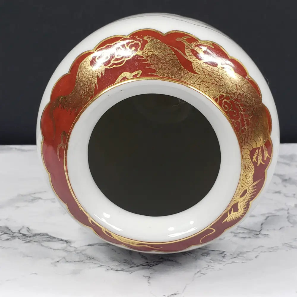 Occupied Japan Kutani Hand Painted Porcelain Vase Mt Fuji Village Dragon