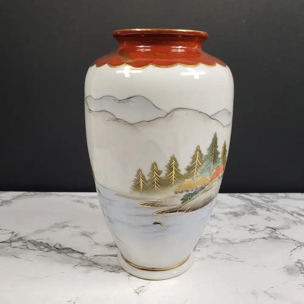 Occupied Japan Kutani Hand Painted Porcelain Vase Mt Fuji Village Dragon