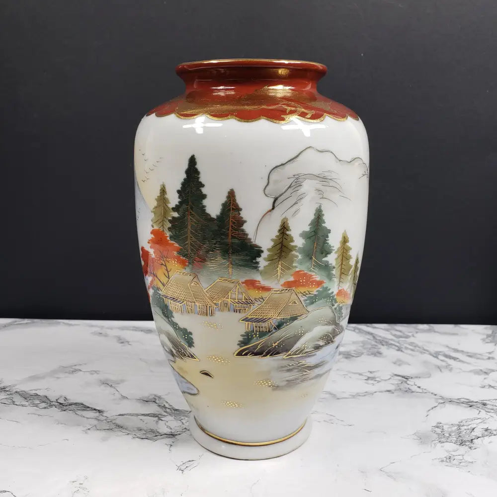 Occupied Japan Kutani Hand Painted Porcelain Vase Mt Fuji Village Dragon
