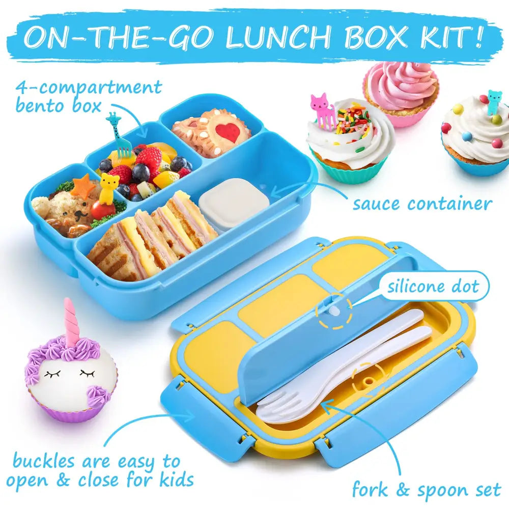 Qqko Bento Lunch Boxes With 4 Compartments Sauce Container Utensils Food Picks And Muffin Cups For