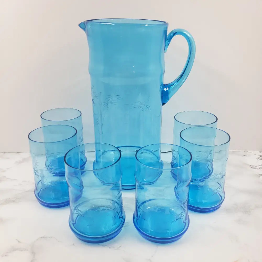Rare Blown Hand Cut Glass Pitcher Set West Virginia Decor