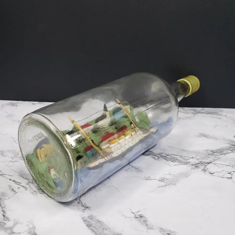 Ship Bottle Diorama Clay Wood With Stand Vintage Decor
