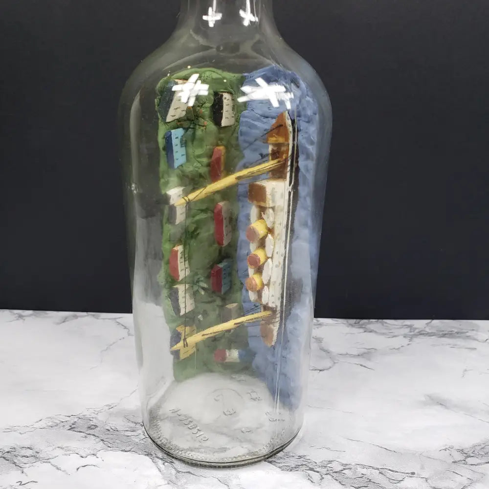 Ship Bottle Diorama Clay Wood With Stand Vintage Decor