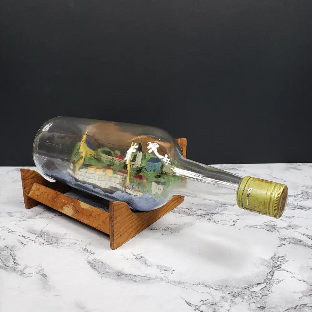 Ship Bottle Diorama Clay Wood With Stand Vintage Decor