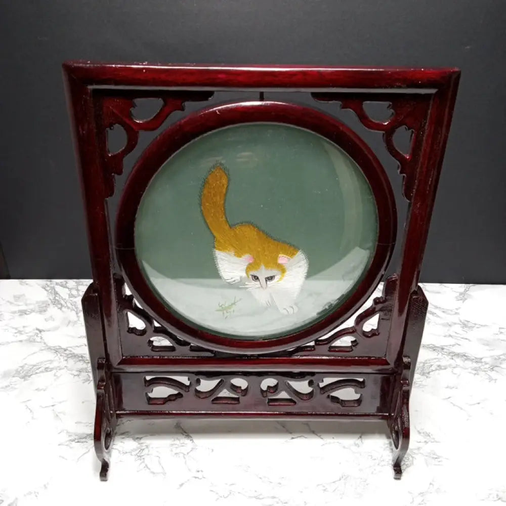 Silk Embroidered Cats Wood Display ( Vintage ) Decor