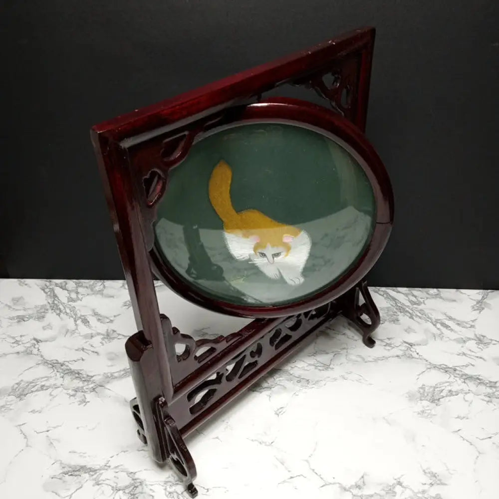 Silk Embroidered Cats Wood Display ( Vintage ) Decor