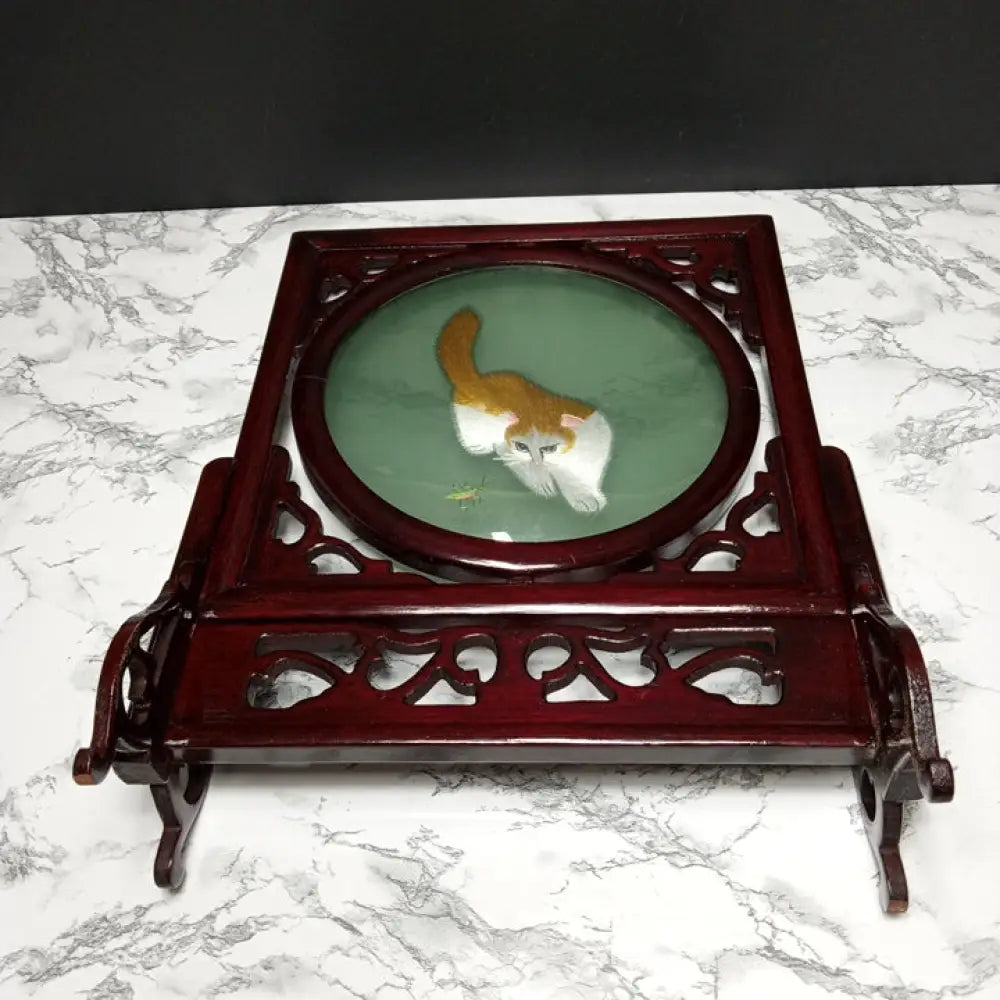 Silk Embroidered Cats Wood Display ( Vintage ) Decor