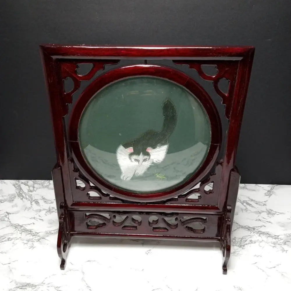Silk Embroidered Cats Wood Display ( Vintage ) Decor