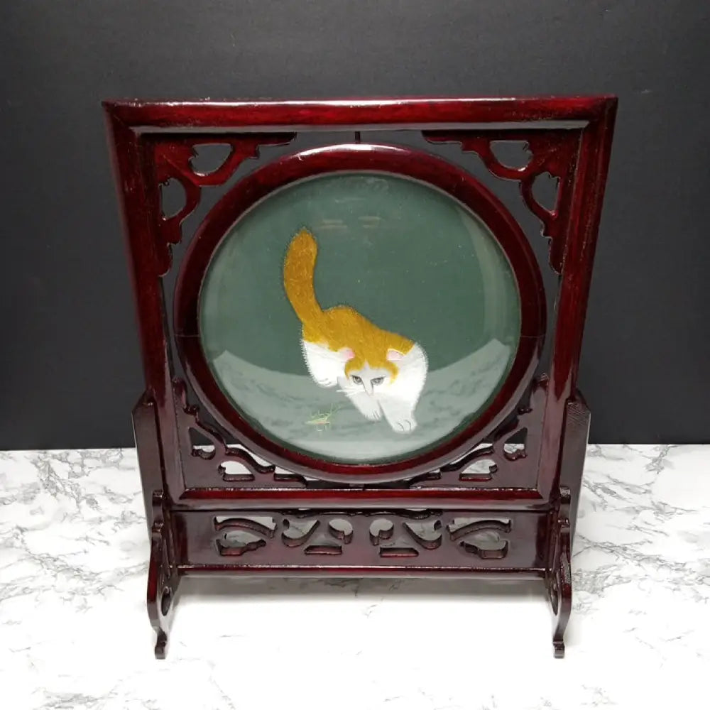 Silk Embroidered Cats Wood Display ( Vintage ) Decor