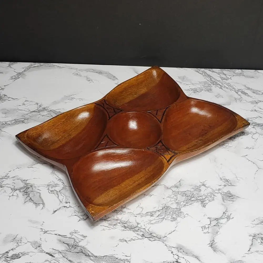 Solid Wood Hand Carved 5 Compartment Tray Vintage - Decor