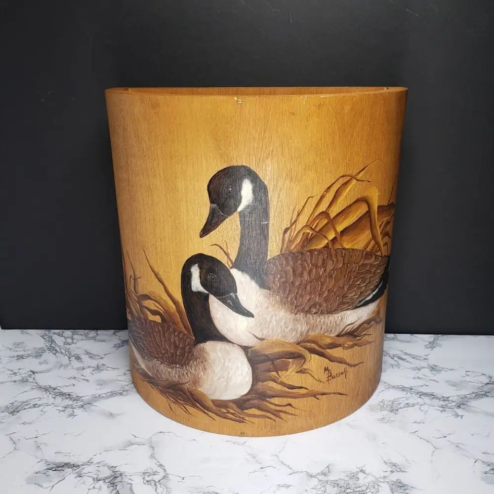 Large Solid Wood Hand Painted & Signed Half Round Bin