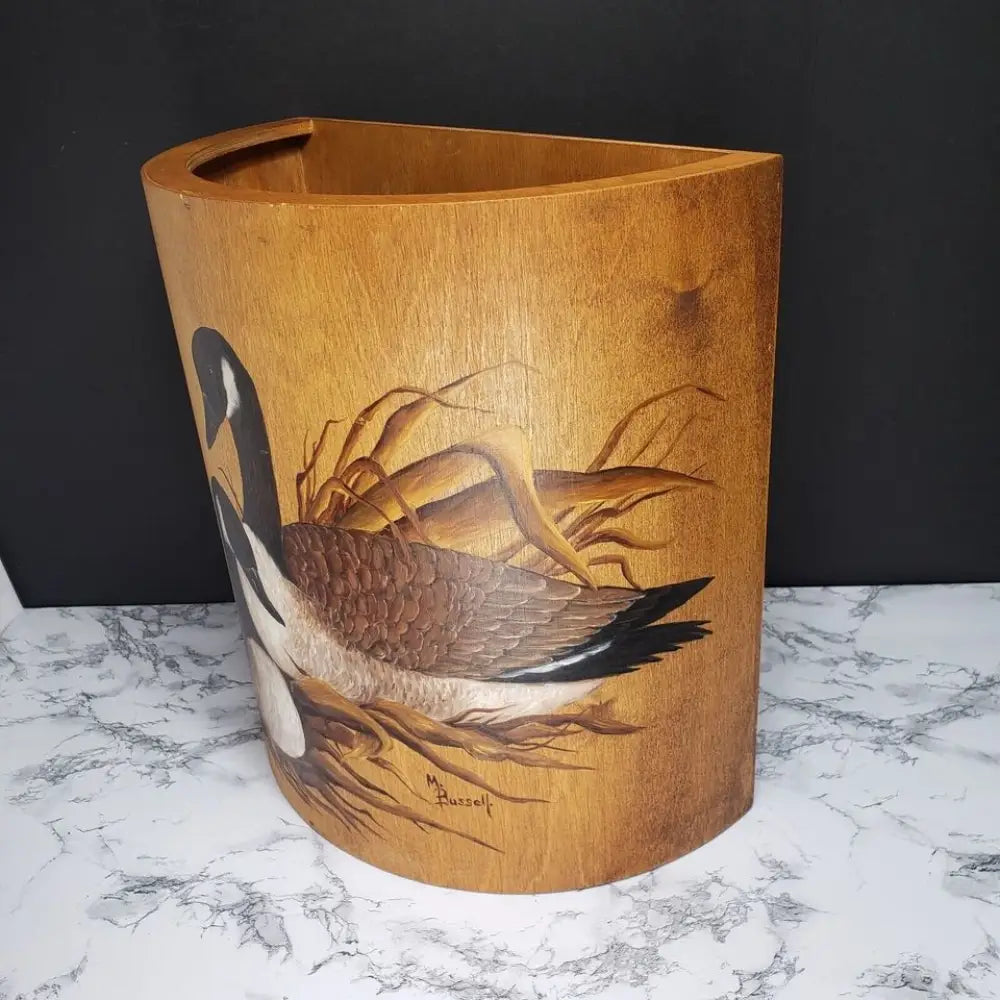 Large Solid Wood Hand Painted & Signed Half Round Bin
