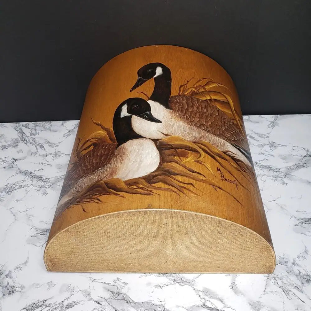 Large Solid Wood Hand Painted & Signed Half Round Bin