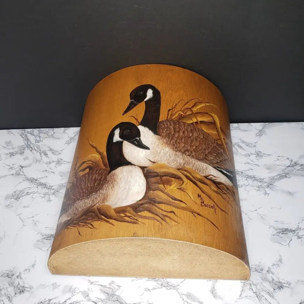 Large Solid Wood Hand Painted & Signed Half Round Bin
