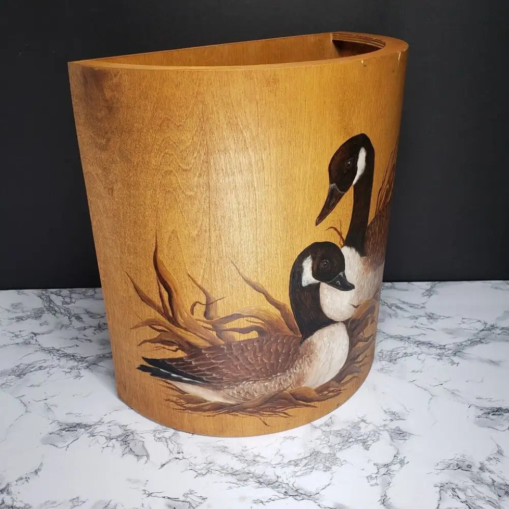 Large Solid Wood Hand Painted & Signed Half Round Bin