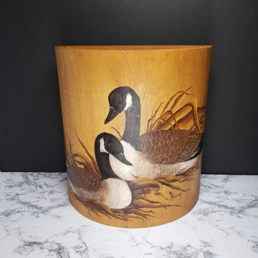Large Solid Wood Hand Painted & Signed Half Round Bin