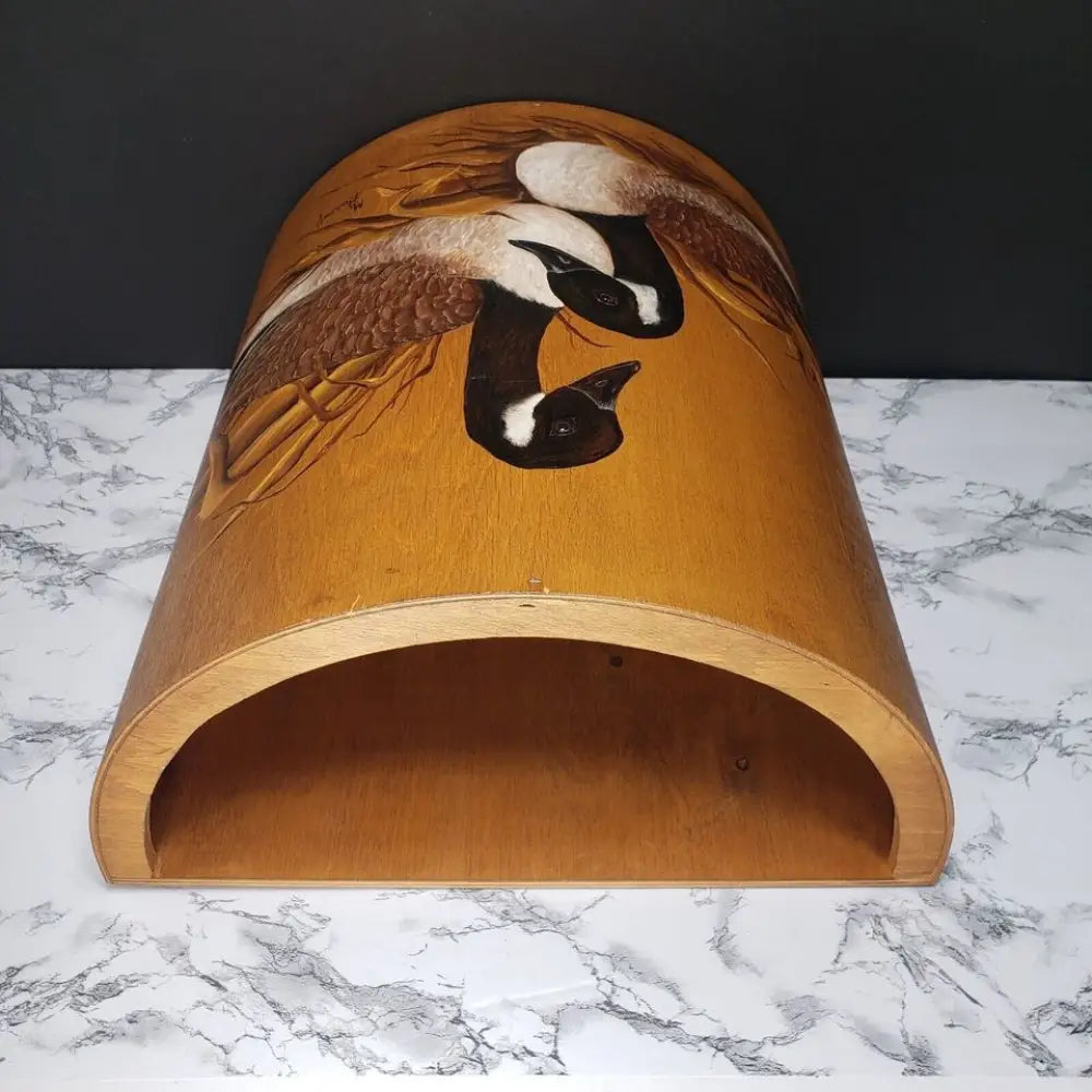 Large Solid Wood Hand Painted & Signed Half Round Bin