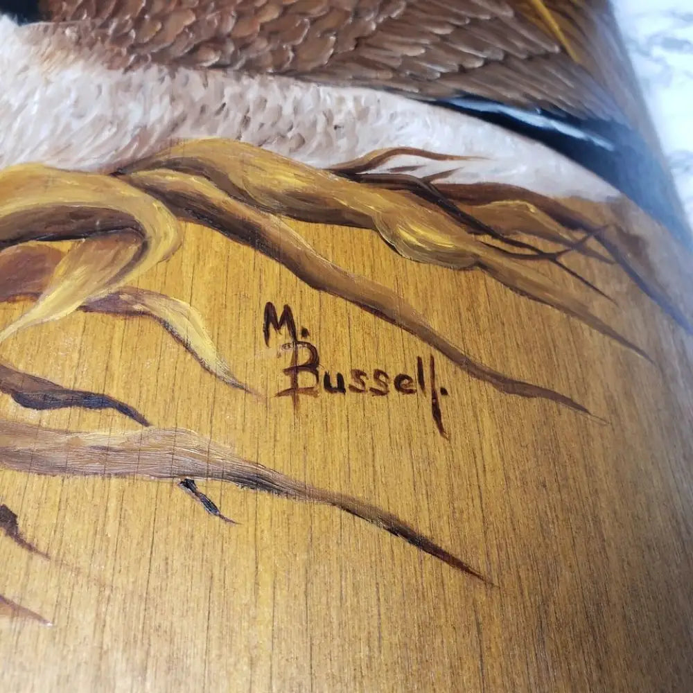 Large Solid Wood Hand Painted & Signed Half Round Bin