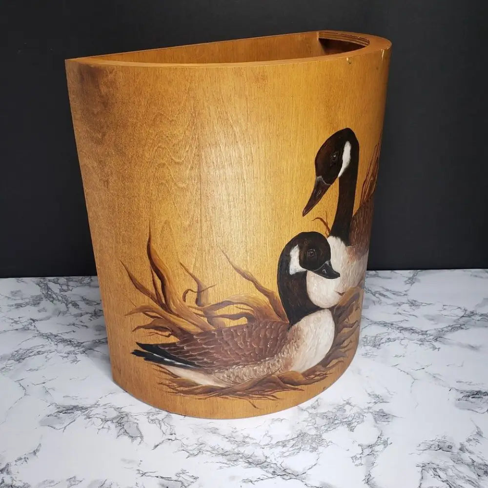Large Solid Wood Hand Painted & Signed Half Round Bin