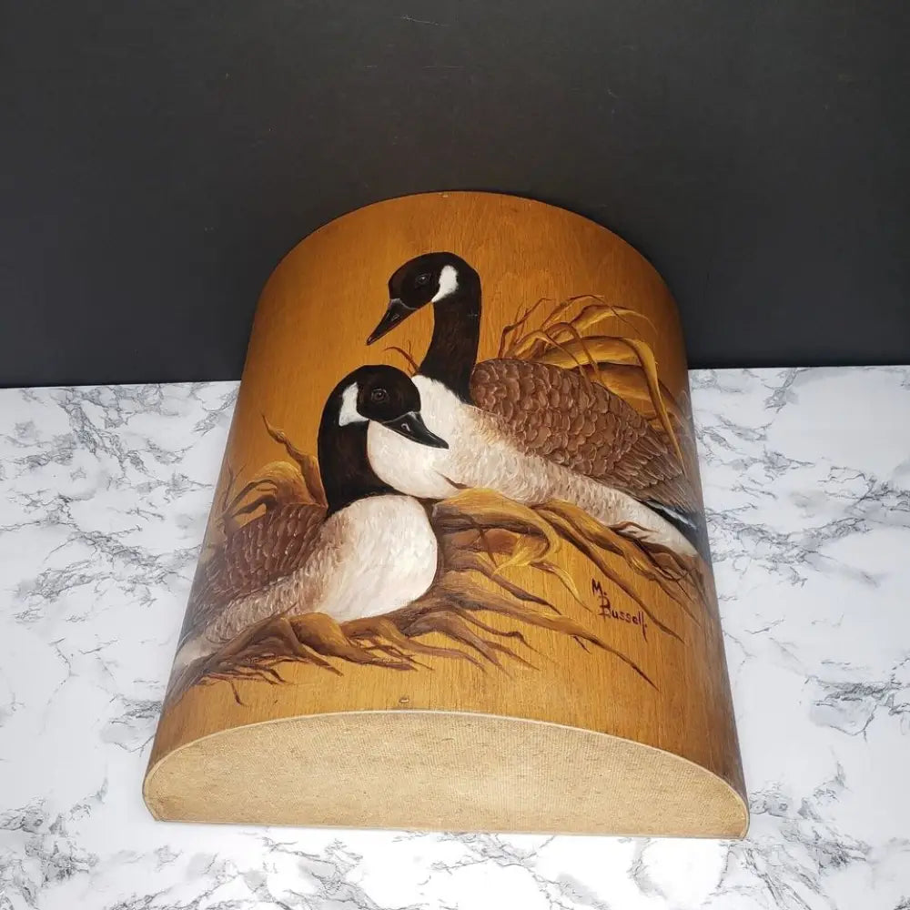 Large Solid Wood Hand Painted & Signed Half Round Bin