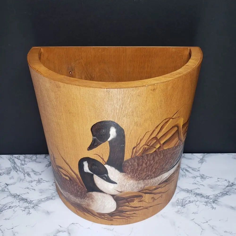 Large Solid Wood Hand Painted & Signed Half Round Bin