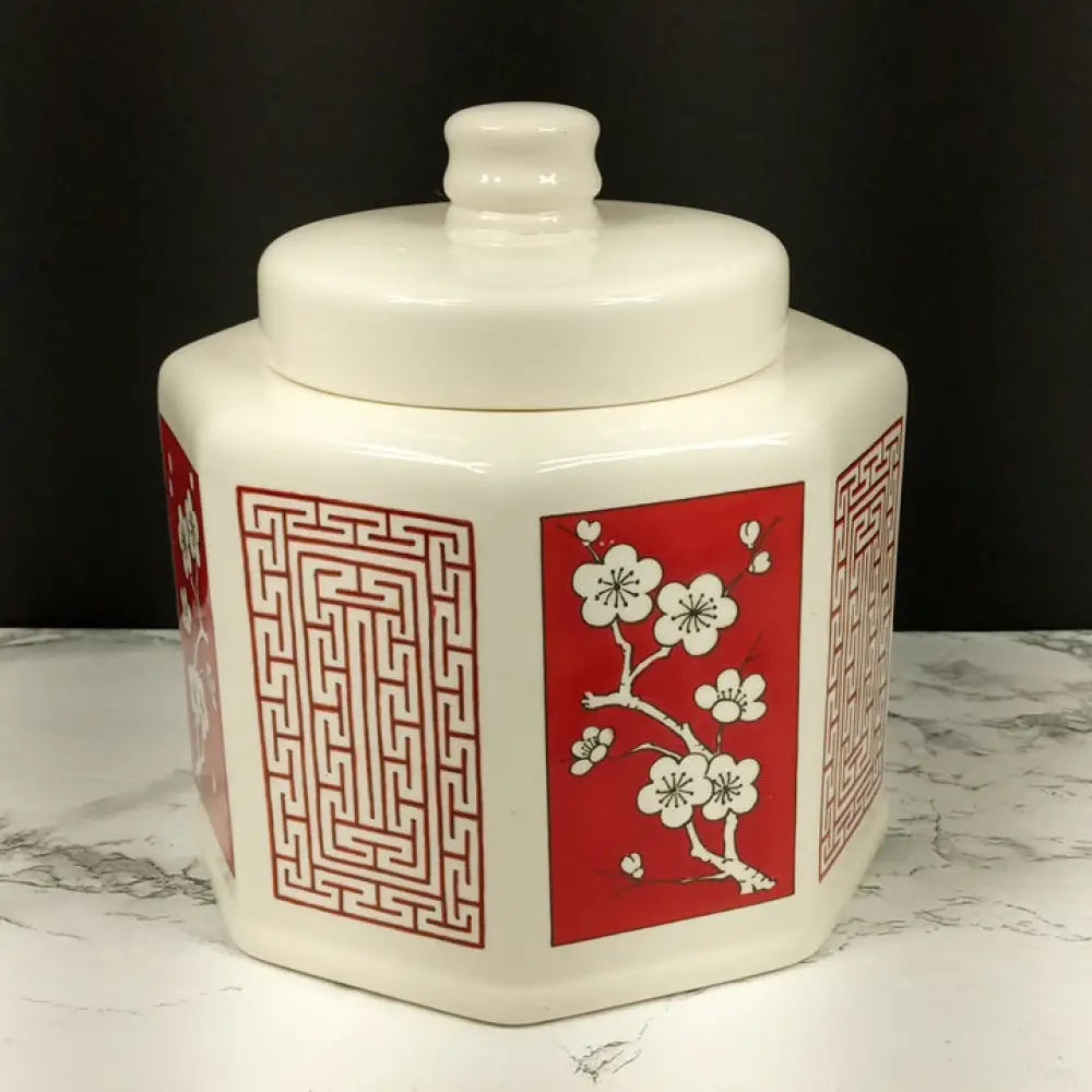 Tea / Spice Jar Japan 1979 Octagon Red Cherry Blossom Vintage Decor