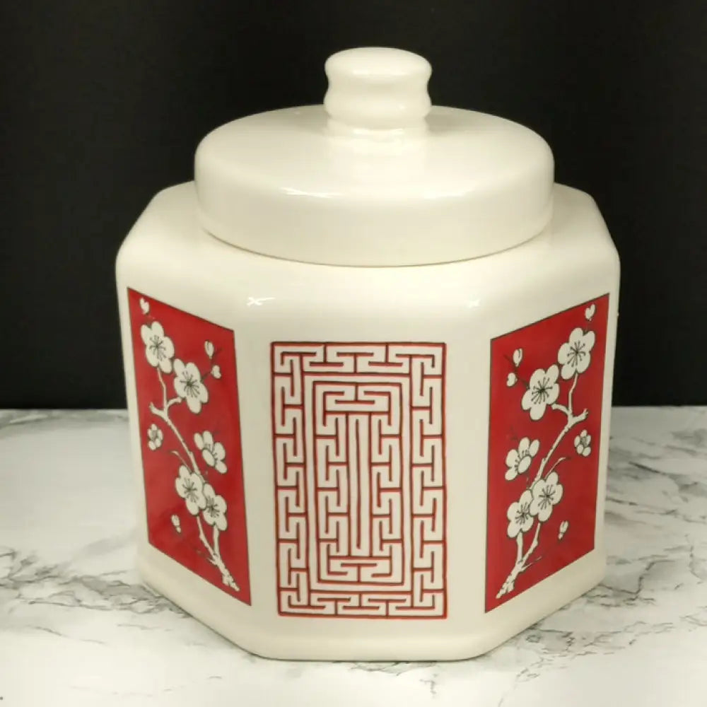 Tea / Spice Jar Japan 1979 Octagon Red Cherry Blossom Vintage Decor